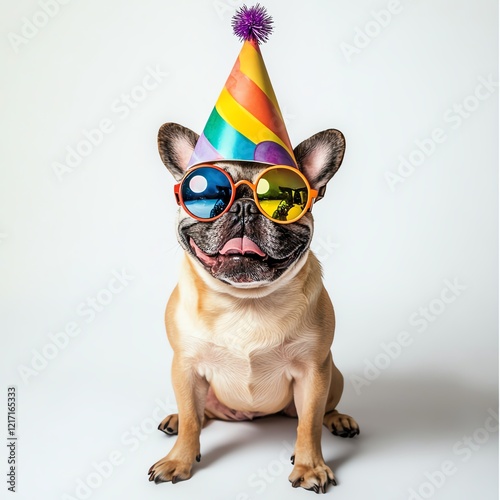 Happy dog wearing sunglasses and a party hat. photo