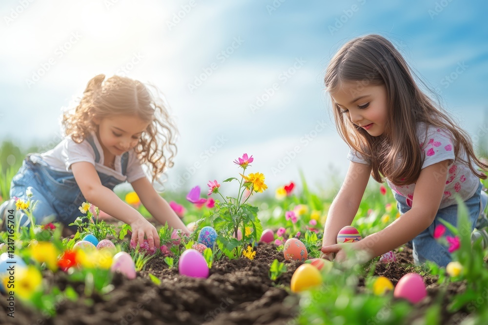 Joyful Easter Egg Hunt with Kids in Flower Garden under Clear Sky for Text Space Joyful Easter Egg Hunt with Kids in Flower Garden under Clear Sky for Text Space