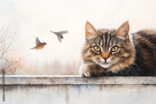 A serene watercolor depiction of a cat lying on a windowsill, staring blankly outside as birds flit around in the distance, painted in muted and earthy tones