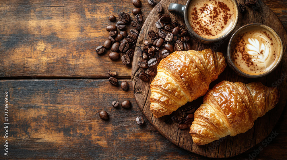 Freshly baked croissants served with coffee on wooden table, creating warm and inviting atmosphere. Perfect for breakfast or cozy snack Freshly baked croissants served with coffee on wooden table, creating warm and inviting atmosphere. Perfect for breakfast or cozy snack