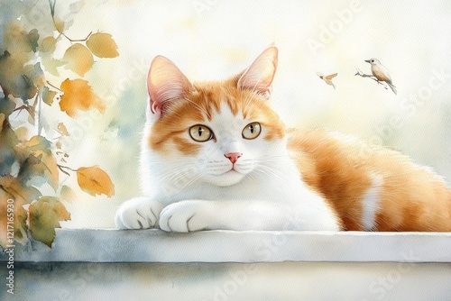 A serene watercolor depiction of a cat lying on a windowsill, staring blankly outside as birds flit around in the distance, painted in muted and earthy tones