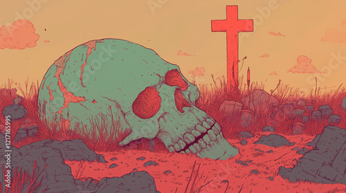 Graveyard Symbolism: A stark and evocative illustration of a human skull nestled in the arid earth, with a lone red cross standing as a poignant reminder of mortality and the passage of time. photo