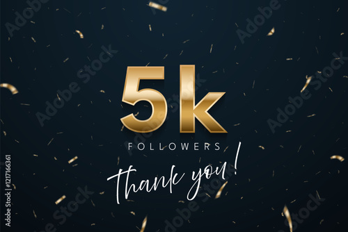 5k followers celebration banner. 3d social media achievement poster. Five thousand followers thank you lettering with golden sparkling confetti ribbons on dark blue background. Vector illustration.
