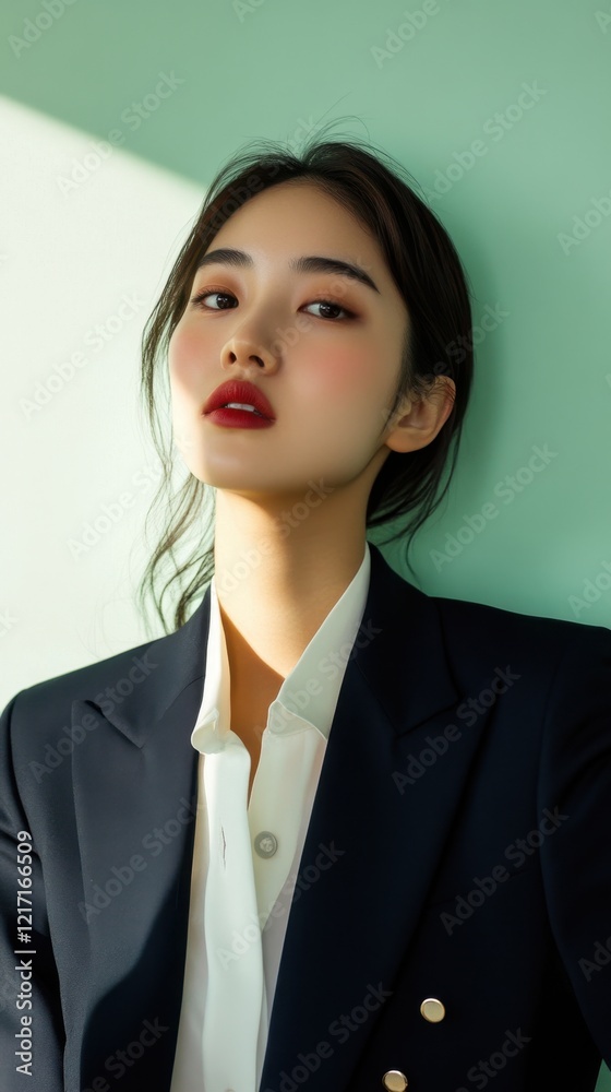 Confident young asian female in black blazer with bold lipstick and loose hair Confident young asian female in black blazer with bold lipstick and loose hair