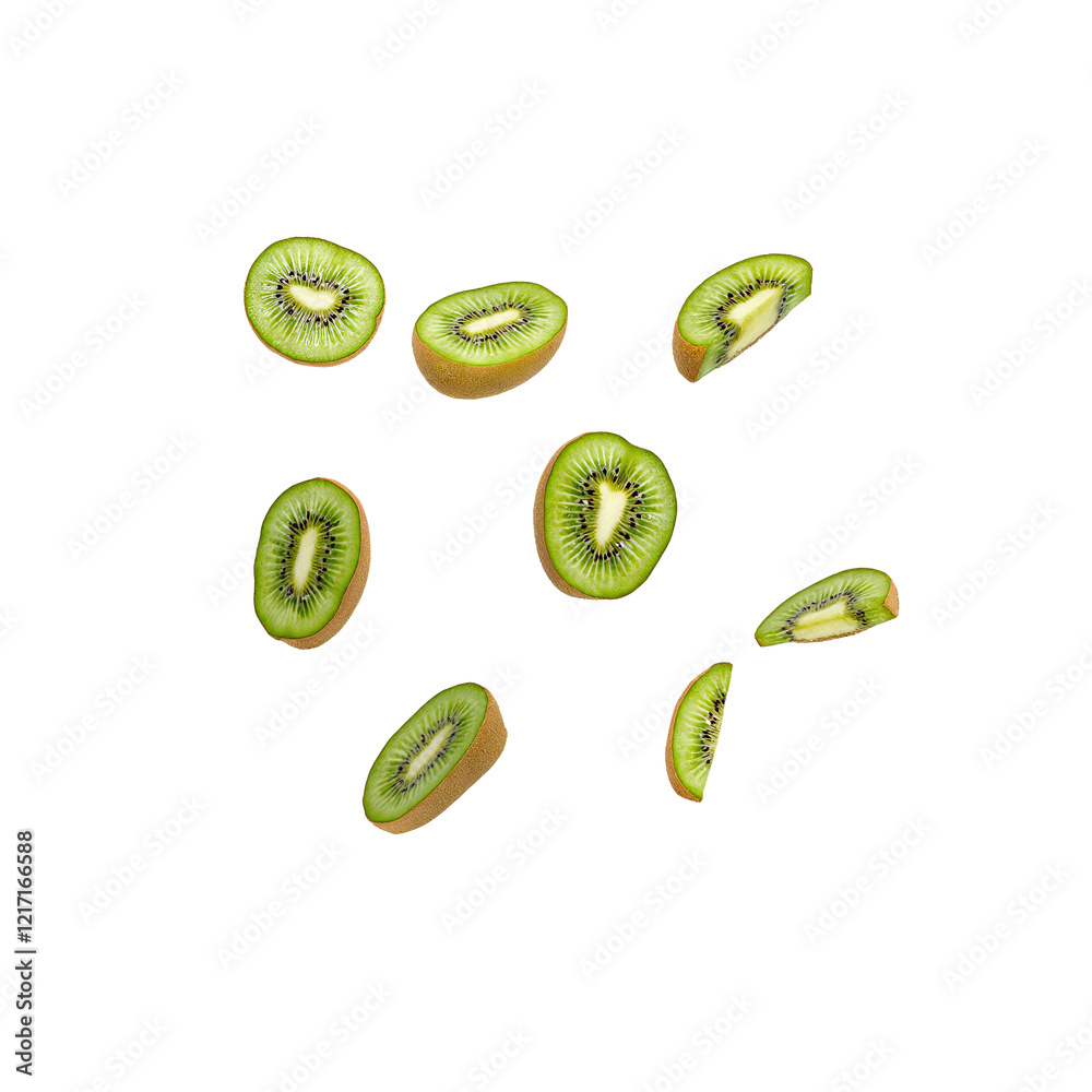 Halved kiwis with seeds on white background Fresh and vibrant tropical fruit