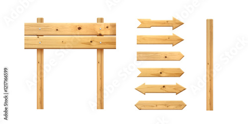 Wooden arrows pointers vector illustration set. Realistic wood sign posts. Blank arrows with wood texture.