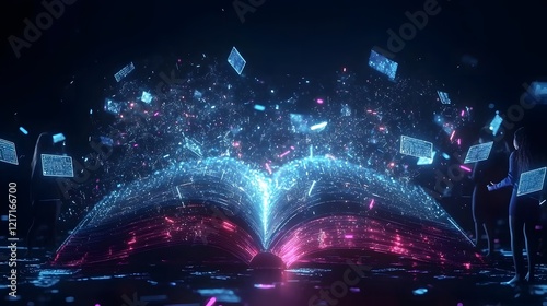 Conceptual representation of digital literacy in education showcasing interconnected technology e learning solutions and students collaborating through online platforms with a high tech background