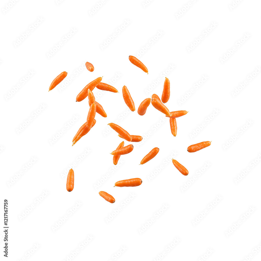 Obraz premium Fresh baby carrots in motion against a white backdrop