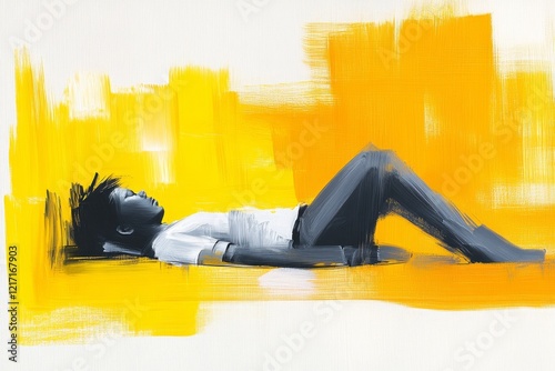 A single, abstract illustration of a figure lying flat on the ground, with drooping lines and muted colors to emphasize tiredness
