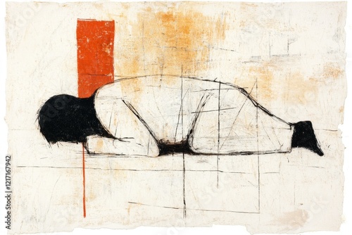 A single, abstract illustration of a figure lying flat on the ground, with drooping lines and muted colors to emphasize tiredness