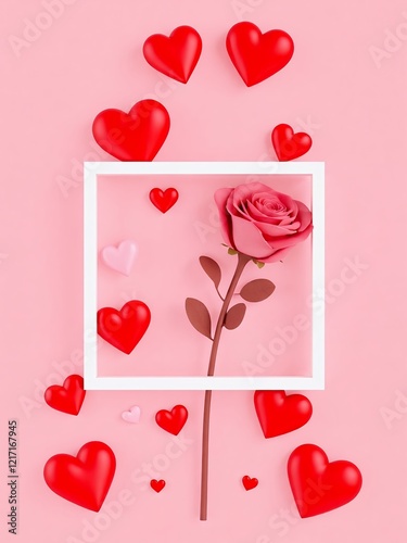 an image of a pink rose surrounded by hearts and a white frame. photo