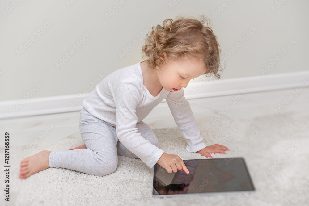Little girl using a tablet in a cozy home environment. A small child playing with a tablet in a comfortable home setting.