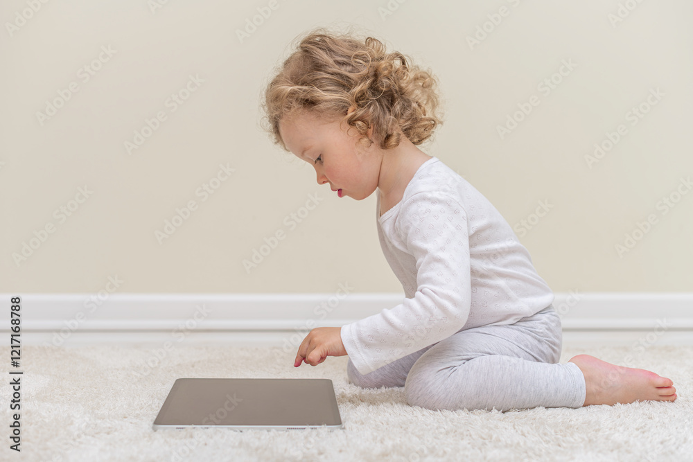 Little girl using a tablet in a cozy home environment. A small child playing with a tablet in a comfortable home setting.