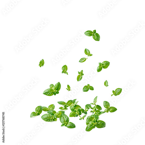 Fresh basil leaves cascading on a white surface vibrant and aromatic