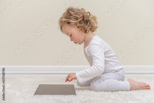Obraz na płótnie Little girl using a tablet in a cozy home environment. A small child playing with a tablet in a comfortable home setting. w salonie