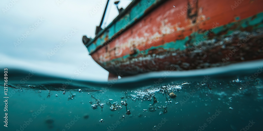 Underwater View of Weathered Boat Hull and Water Bubbles Underwater View of Weathered Boat Hull and Water Bubbles