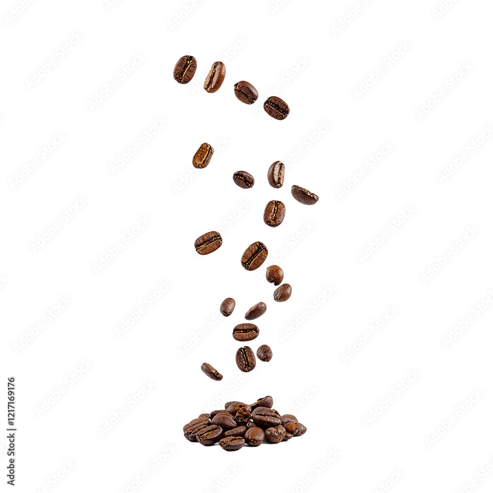 Obraz premium Freshly roasted coffee beans suspended in mid air on a clean white background