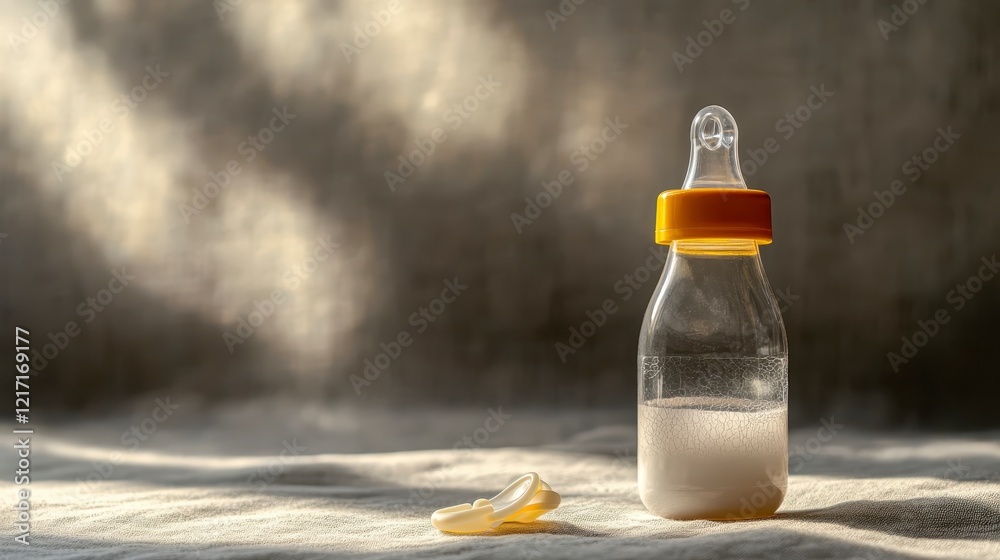 Obraz premium Infant Feeding Bottle with Milk and Nipple on Textured Surface