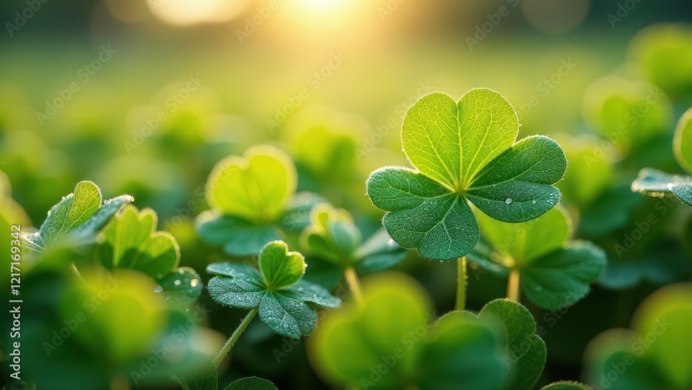 Closeup of clover leaves with dew drops Closeup of clover leaves with dew drops