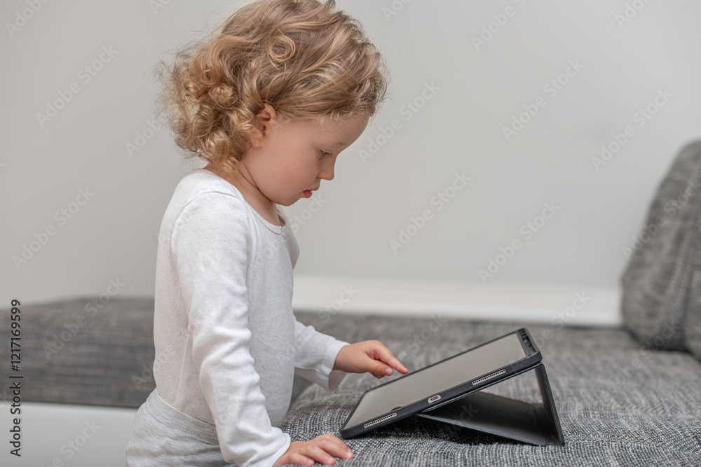 Little girl using a tablet in a cozy home environment. A small child playing with a tablet in a comfortable home setting.
