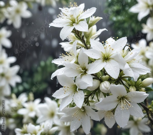 Close-up of white wrightia antidysenterica flowers in the rain, wet, bloom, plant, dew, delicate photo