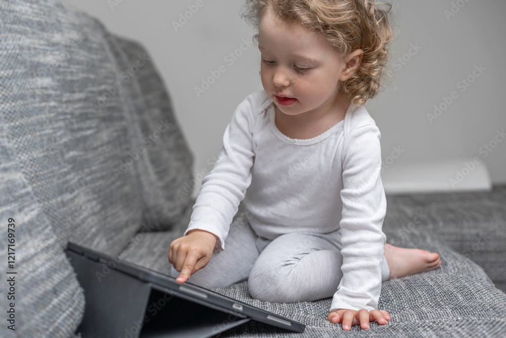 Little girl using a tablet in a cozy home environment. A small child playing with a tablet in a comfortable home setting.