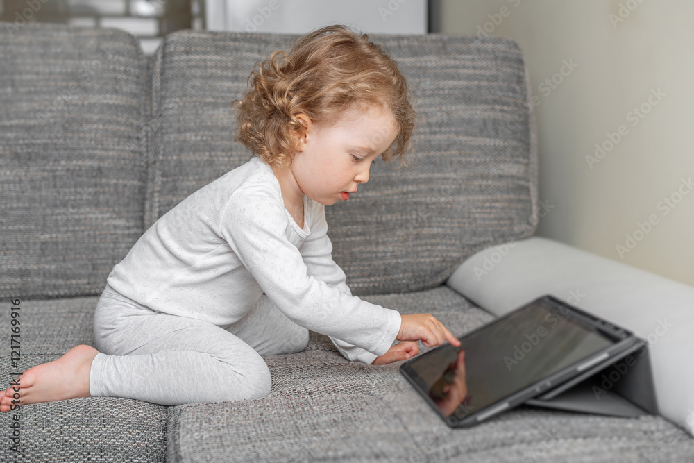Little girl using a tablet in a cozy home environment. A small child playing with a tablet in a comfortable home setting.