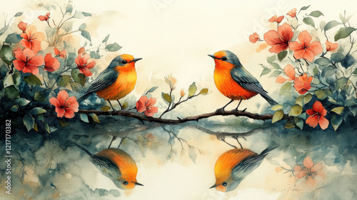 Watercolor painting of two vibrant birds perched on branch surrounded by flowers, reflecting in water. serene and colorful tropical scene