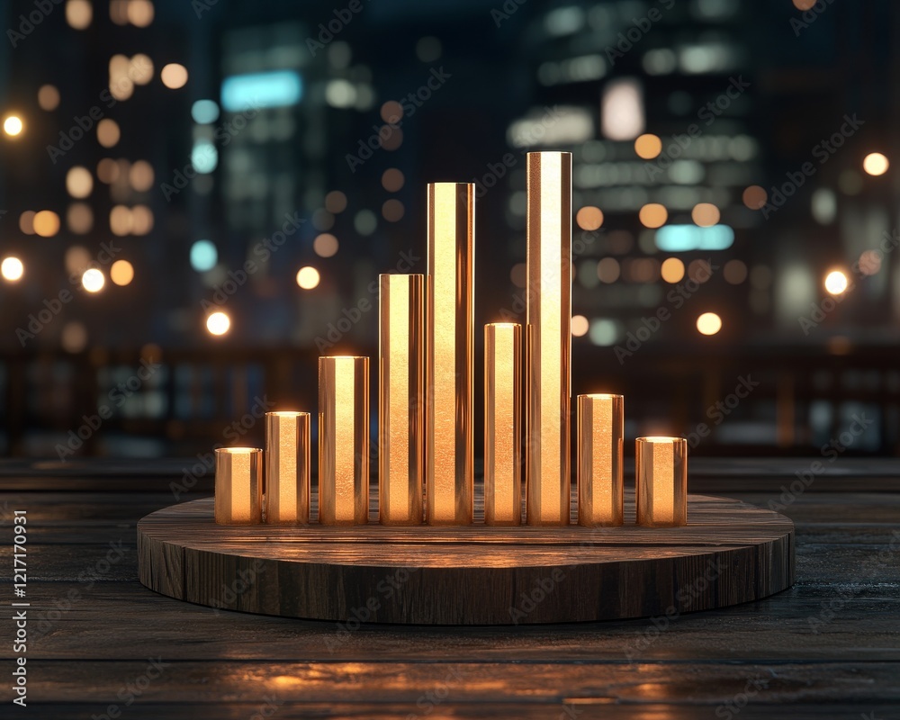 A stylish arrangement of golden cylindrical shapes on a wooden platform, illuminated against a blurred city skyline with lights.