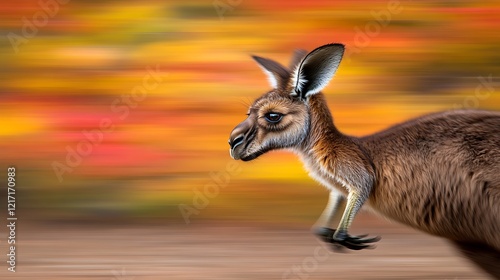 Red kangaroo joey hopping, blurred autumn background. photo