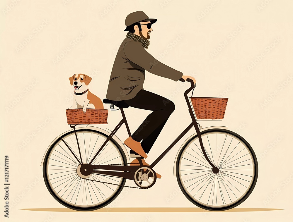 A flat vector illustration of man riding bicycle with dog in basket, side view, simple design, muted colors, minimalistic background A flat vector illustration of man riding bicycle with dog in basket, side view, simple design, muted colors, minimalistic background