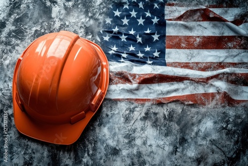 Orange Hard Hat on American Flag Background photo