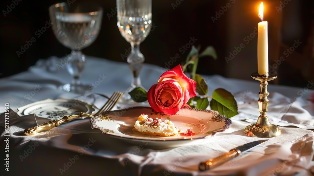 Romantic candlelit dining setting with rose and elegant tableware Romantic candlelit dining setting with rose and elegant tableware