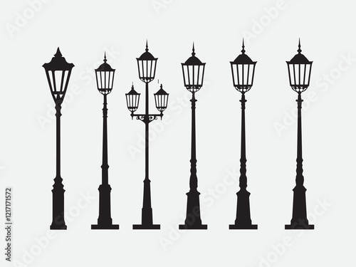 Street lamps glowing softly against a stark white background.