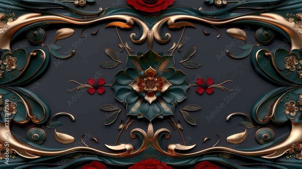 Intricate floral pattern with gold accents and red roses on dark background Intricate floral pattern with gold accents and red roses on dark background
