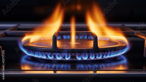 Illuminating Blue Flame Dancing on Gas Stove Surface in Modern Kitchen Setting Enhancing Culinary Experience and Inviting Cozy Atmosphere for Cooking Delicious Meals and Gathering with Family photo