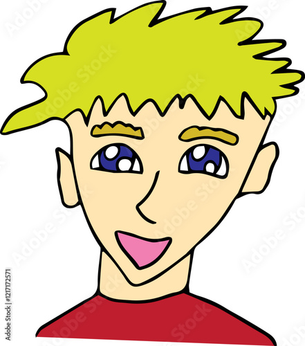 laughing young man with tousled blond hair with thick eyebrows and big blue eyes looking at the camera