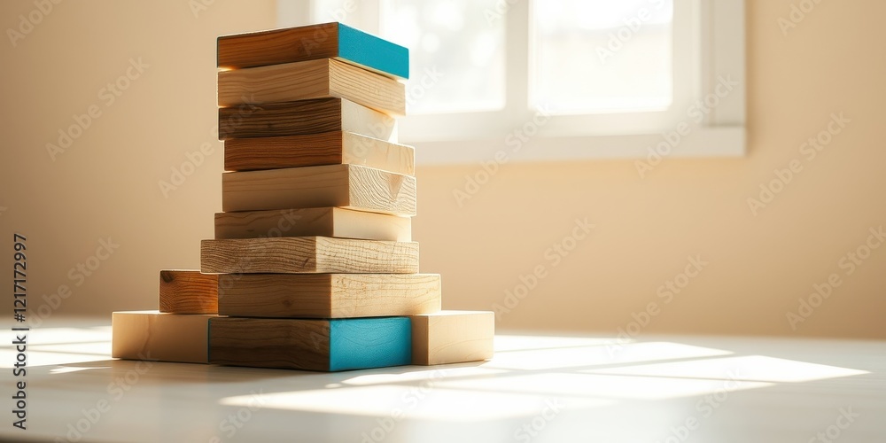 A stack of wooden blocks with a teal accent piece, illuminated by sunlight streaming through a nearby window, sits on a white surface. A stack of wooden blocks with a teal accent piece, illuminated by sunlight streaming through a nearby window, sits on a white surface.