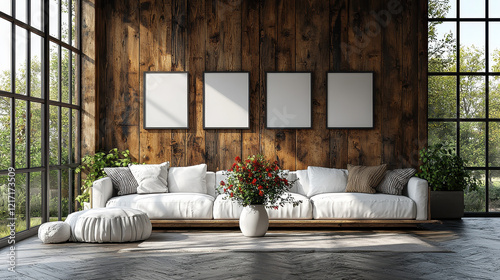 Modern Rustic Living Room Mockup: Sunlit living room interior showcasing a serene and stylish space.  Features a white sofa, wooden wall, large windows, and four empty frames for design mockups.