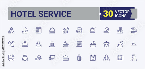 Hotel Service icons set. It contains symbols to web, spa, fast, excursions, bath, house rent and more. Symbol. Editable stroke. Vector illustration.