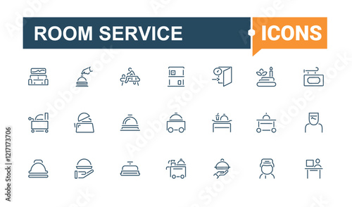 Room Service linear icon collection. Contains such icons as vacation, Hotel, room, food, buffet and more. Thin UI icon design. Editable stroke.