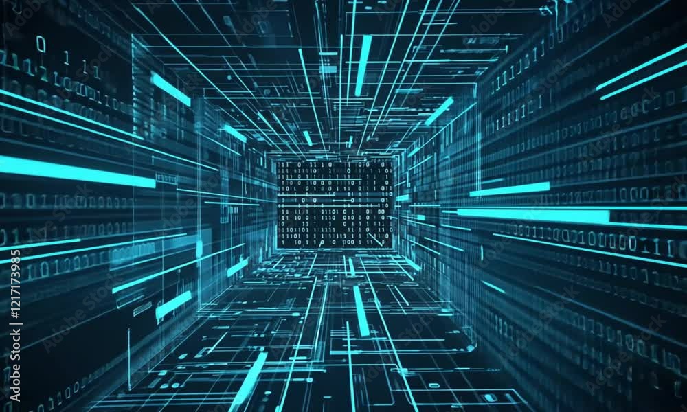 A seamless animation of a glowing, neon-blue data tunnel with pulsating circuits and nodes. Binary code flows through the tunnel like a data stream, glitch effect