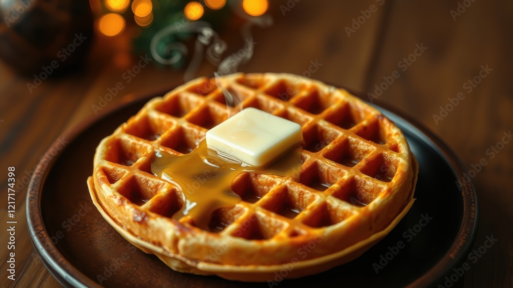 Golden-brown waffle topped with melting butter and sweet sauce on a dark plate Golden-brown waffle topped with melting butter and sweet sauce on a dark plate
