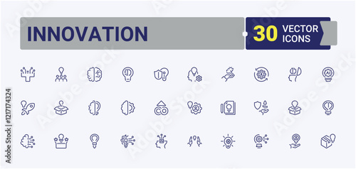 Set of Innovation line icons. Containing learning, ai, vision, artificial, light, intelligence, tech and more. Perfect for logos and infographics. Vector icons editable stroke.