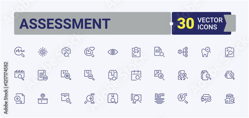 Assessment linear icon collection. Includes icons for audit, approve, checklist, Inspection, evaluation, mark, inspector, labor. Outline symbol collection. Vector icons editable stroke.