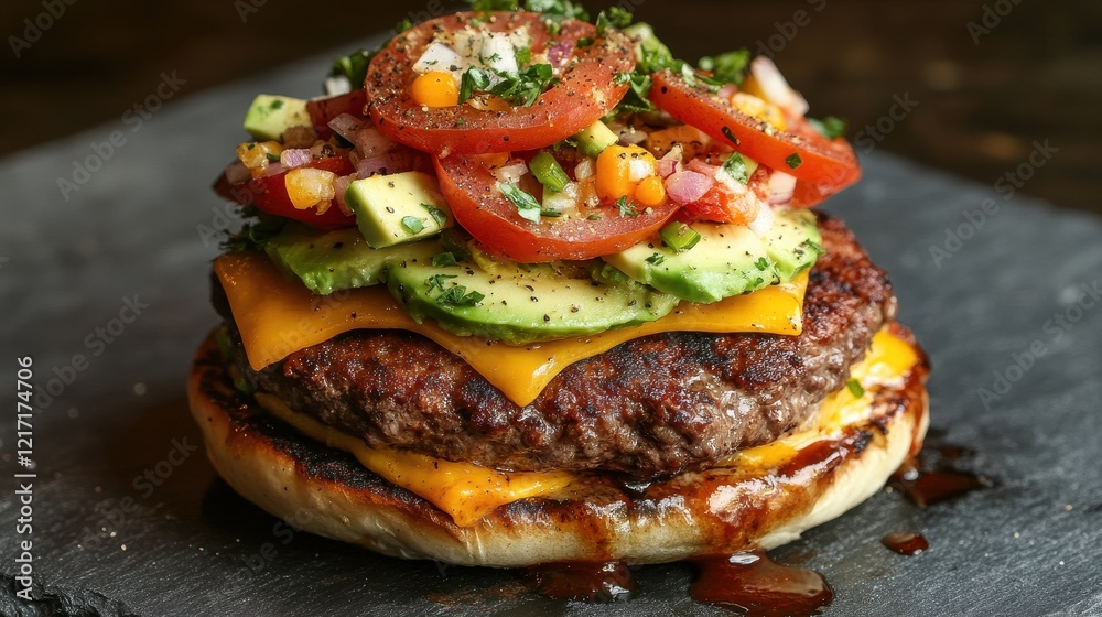 Overhead view of a delicious cheeseburger with multiple layers of toppings and a messy splash of sauce, isolated on a white background. Overhead view of a delicious cheeseburger with multiple layers of toppings and a messy splash of sauce, isolated on a white background.