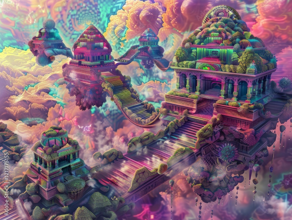 Fototapeta premium Surreal fantasy architecture: vibrant temple structures amidst colorful dreamlike clouds