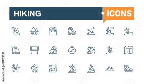 Hiking lined icons set. Containing map, adventure, kayak, fishing, leisure and more. Pixel perfect. Editable vector illustration.