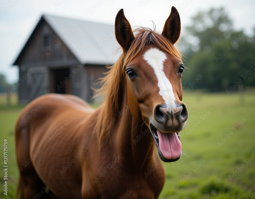 A brown horse with a goofy expression, sticking out its tongue, standing in a grassy pasture with a blurred barn in the background. A brown horse with a goofy expression, sticking out its tongue, standing in a grassy pasture with a blurred barn in the background.