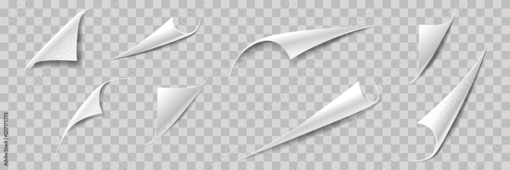 Curly paper page corners, vector sticker fold edges. Realistic paper corne curls on transparent background with shadow. 